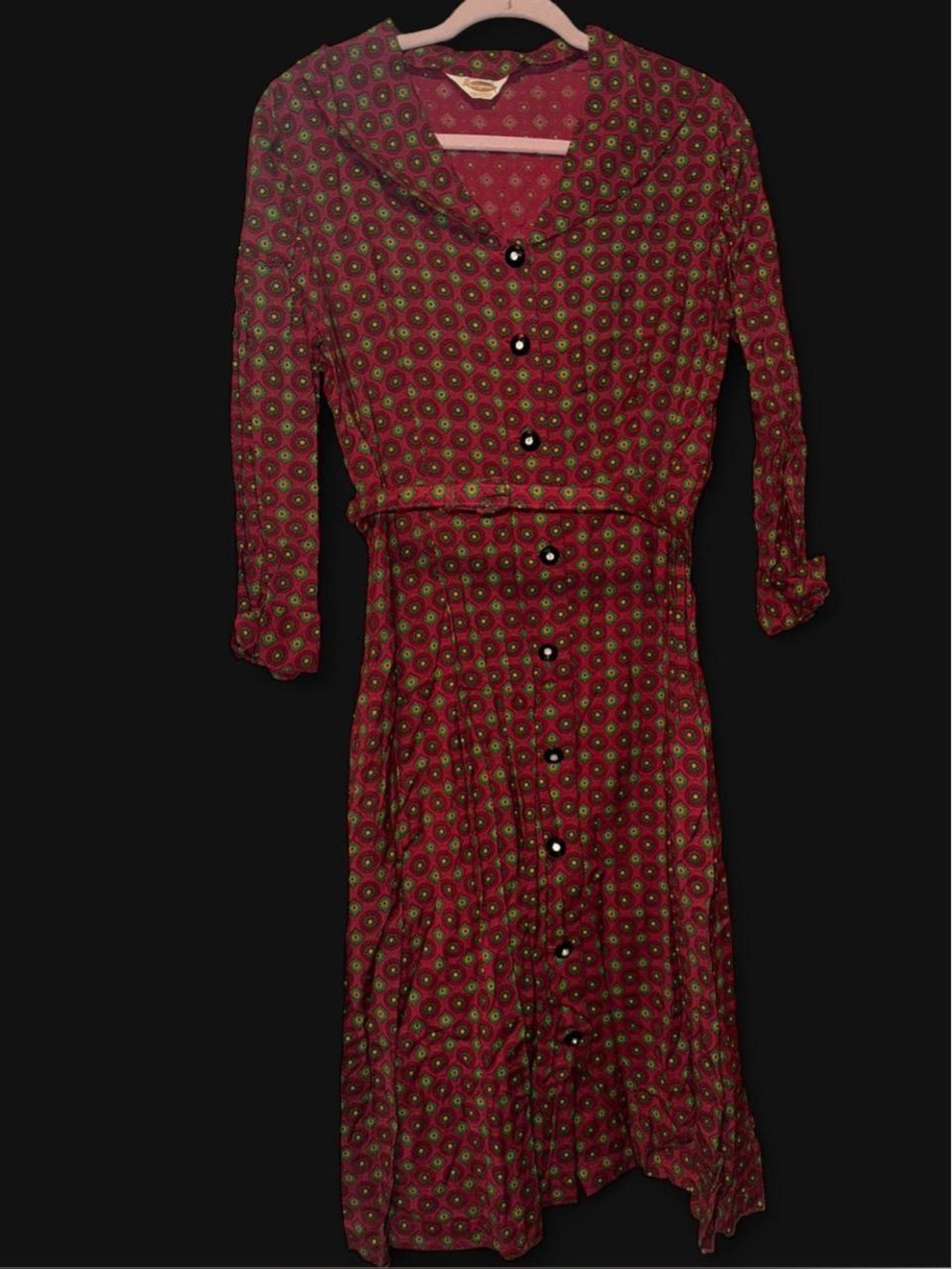 70s Red and green print  midi dress with button-up front and belt